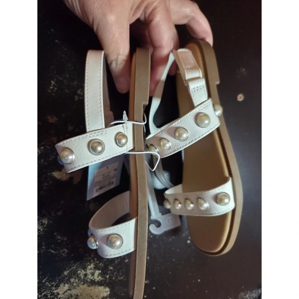 Cat & Jack Girls‎ White Faux Pearl Studded Slingback Sandals Size 1 NEW